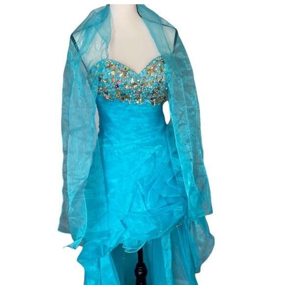 Cinderella Aqua Blue Bejeweled Sparkle High Low Ball Prom Dress with Train 6 NWT - Picture 7 of 9